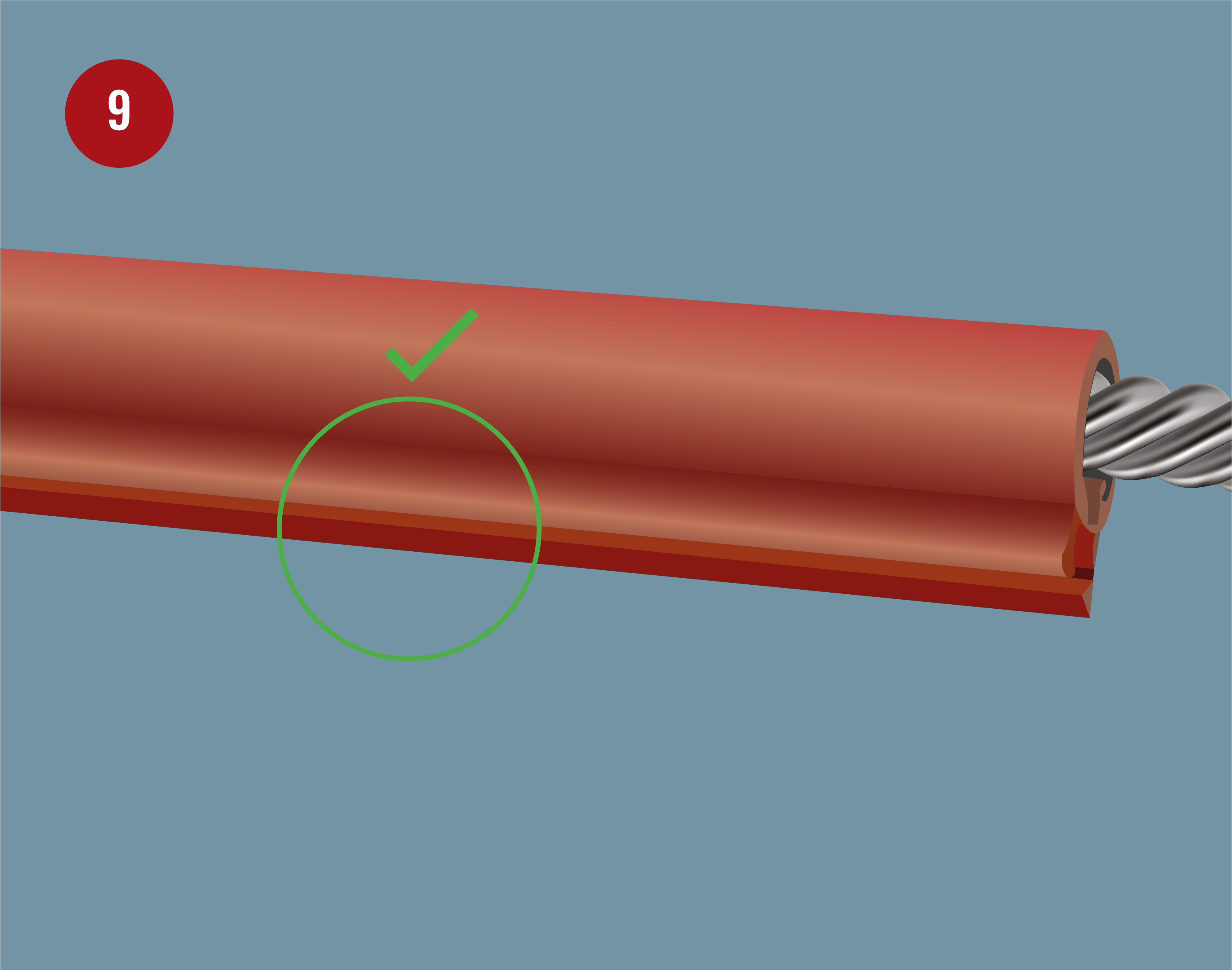 Step 9 of Centroid Polymer Technologies installation guide showing the coiled product with a correctly sealed section, marked with a green check